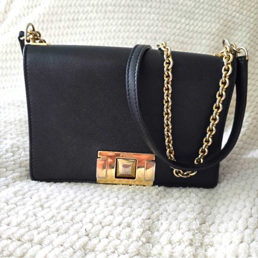 Furla Black Crossbody Bag with Gold Chain EUC